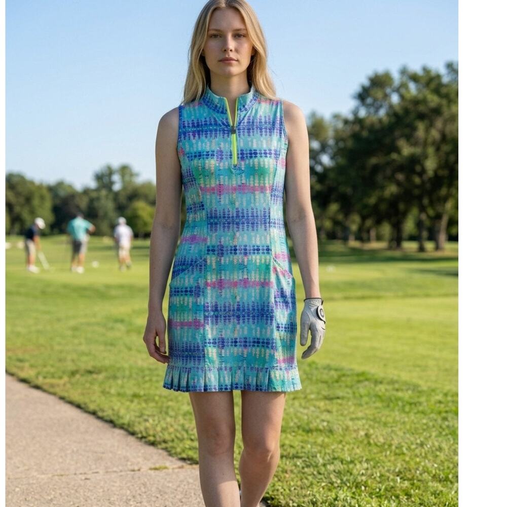Tzu Tzu Womens Shiloh Athletic Golf Dress Size Medium Aqua Blue Pink Green